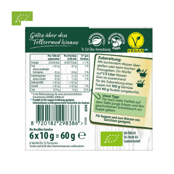 Knorr Bio Gemüsesuppe, vegan, 6 Würfel, 60 Gramm, Rückseite